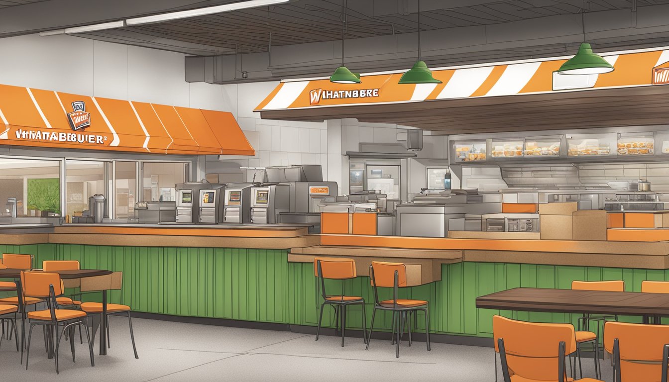 A bustling Whataburger restaurant with a designated recycling area and waste reduction measures in place, such as compost bins and eco-friendly packaging