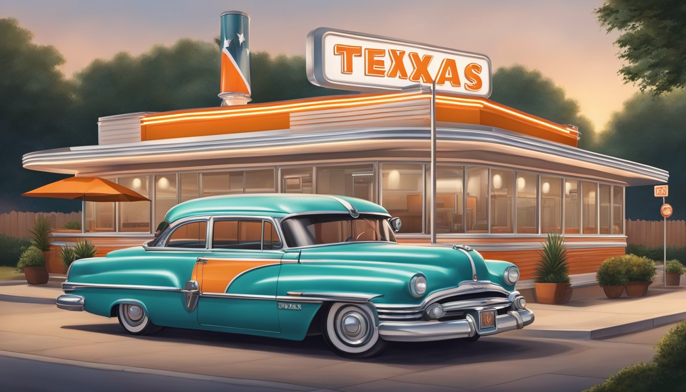 A vintage Texas diner with a prominent Whataburger nameplate on the exterior facade. Classic 1950s architecture and a nostalgic atmosphere