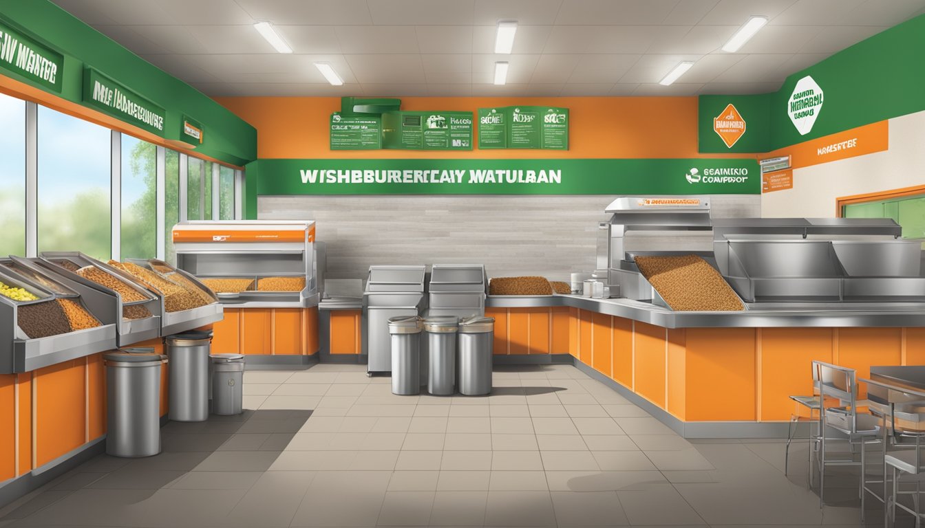 A busy Whataburger restaurant with a dedicated waste reduction and recycling area, featuring separate bins for compost, recyclables, and landfill waste