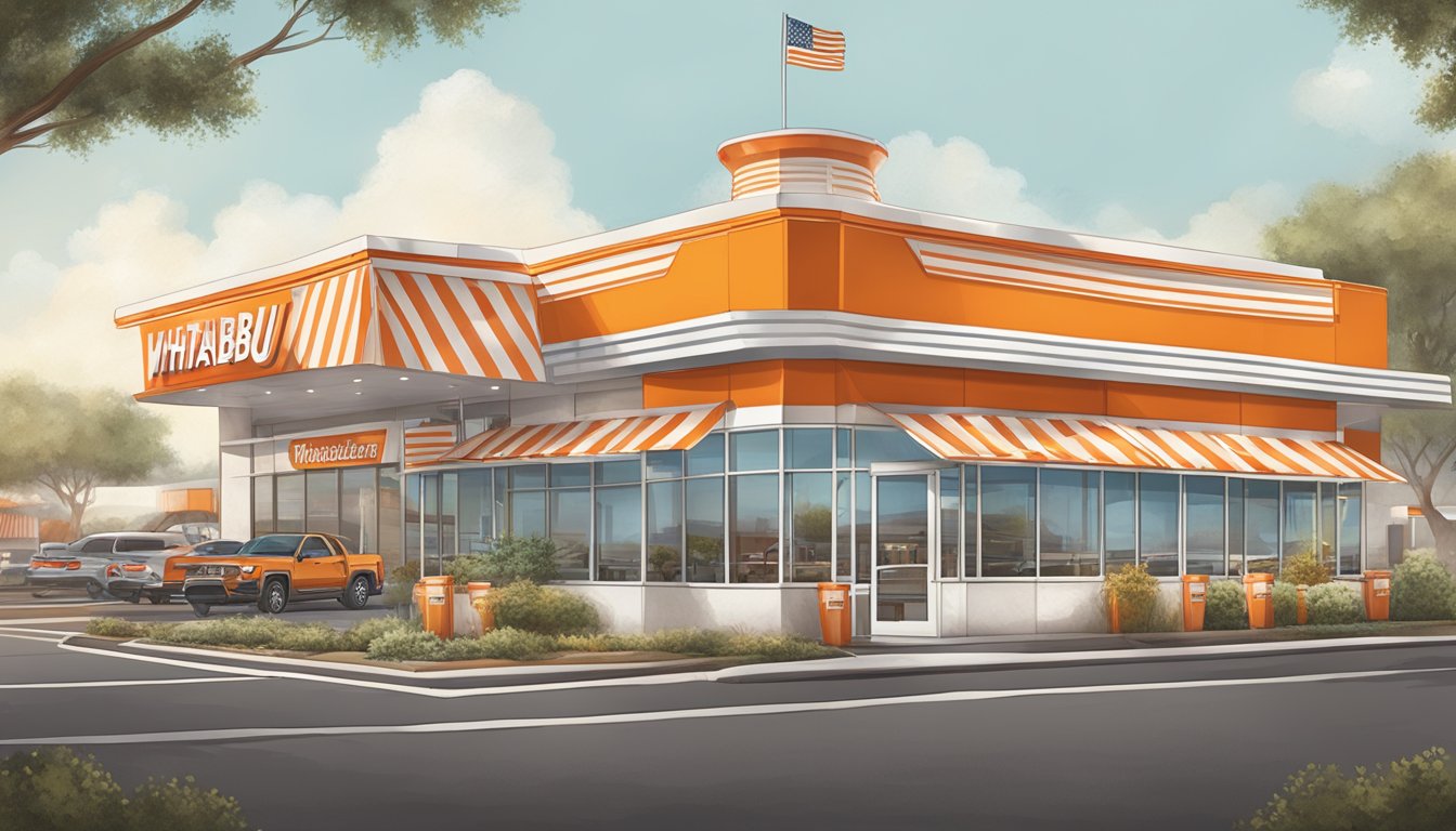 A bustling Whataburger restaurant in Texas with iconic orange and white stripes, a drive-thru, and a large illuminated nameplate above the entrance