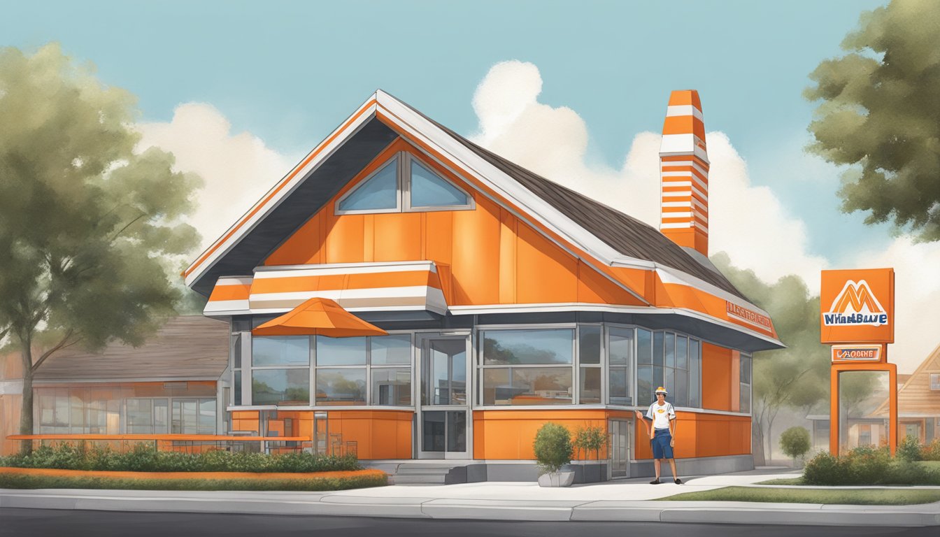 A Whataburger employee in the iconic orange and white uniform, standing proudly in front of the restaurant, with the recognizable A-frame building in the background