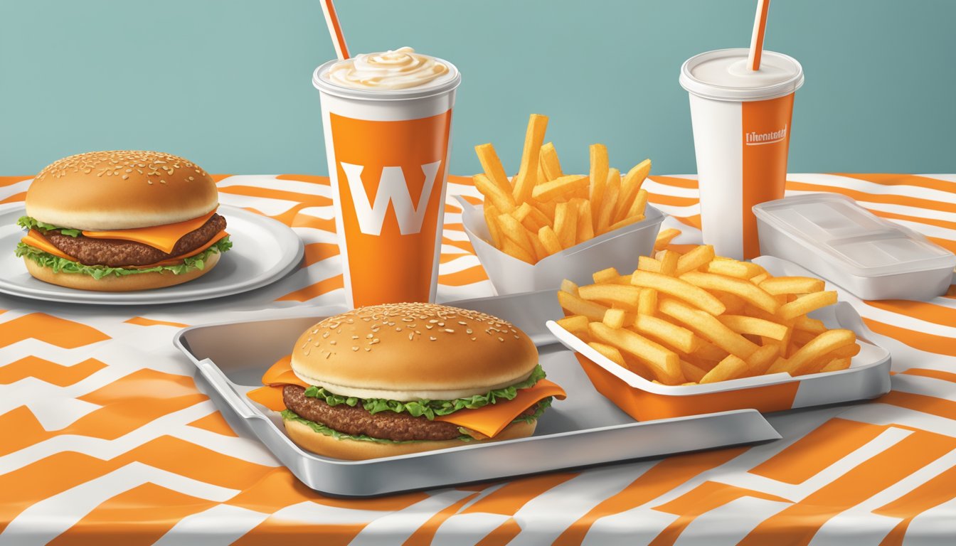 A classic Whataburger meal displayed on a tray with the iconic orange and white wrapper, a large drink, and a side of fries