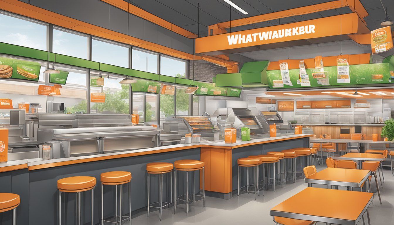 A bustling Whataburger restaurant with a focus on sustainable packaging and recycling, featuring eco-friendly materials and clearly marked recycling bins