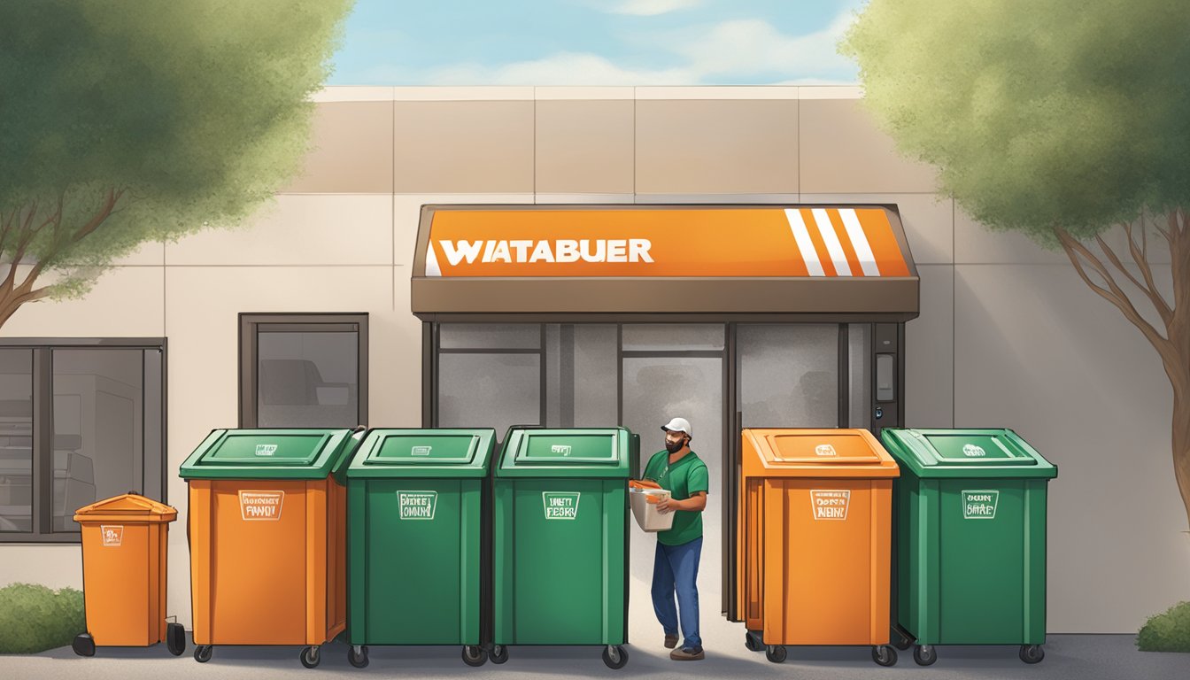 A bustling Whataburger restaurant with separate bins for recycling paper, plastic, and glass. A staff member emptying a full recycling bin into a larger recycling dumpster outside the building