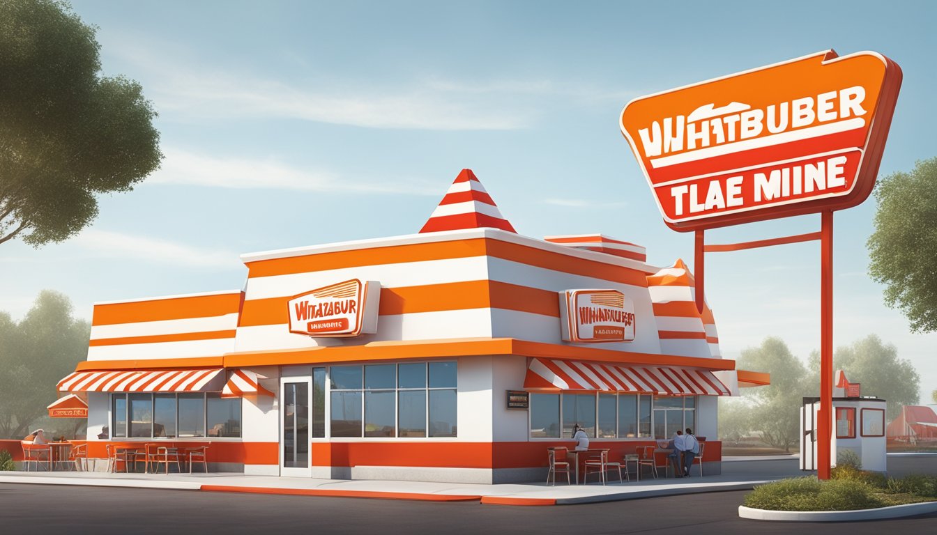 A classic Whataburger restaurant exterior with the iconic orange and white striped A-frame roof, bold red and white signage, and a drive-thru lane