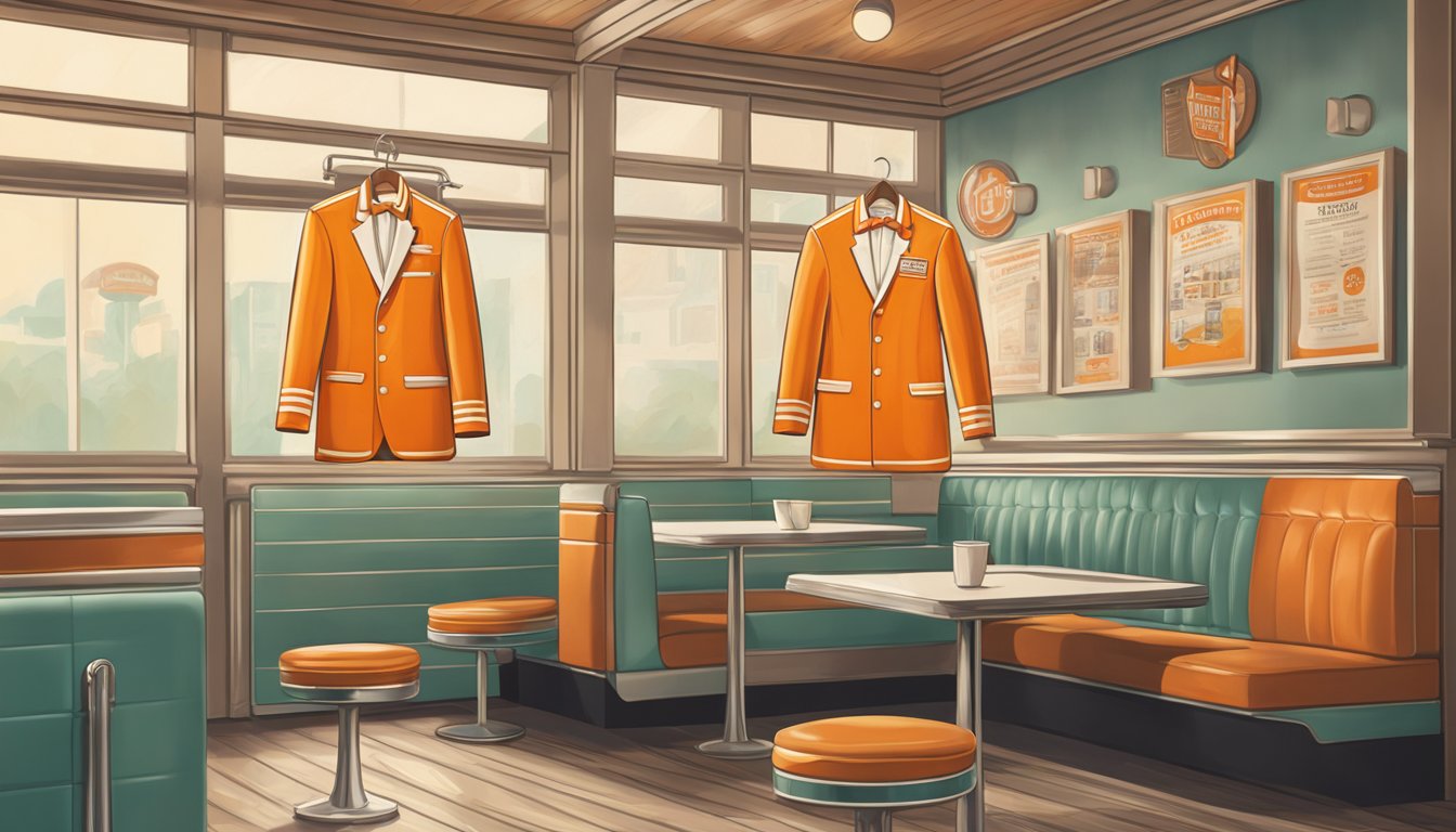 A classic Whataburger uniform hanging on a wooden coat rack in a retro-style diner setting