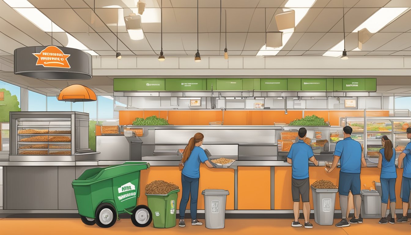 A bustling Whataburger restaurant with separate bins for compost, recycling, and landfill waste, as well as a staff member educating customers on proper waste disposal