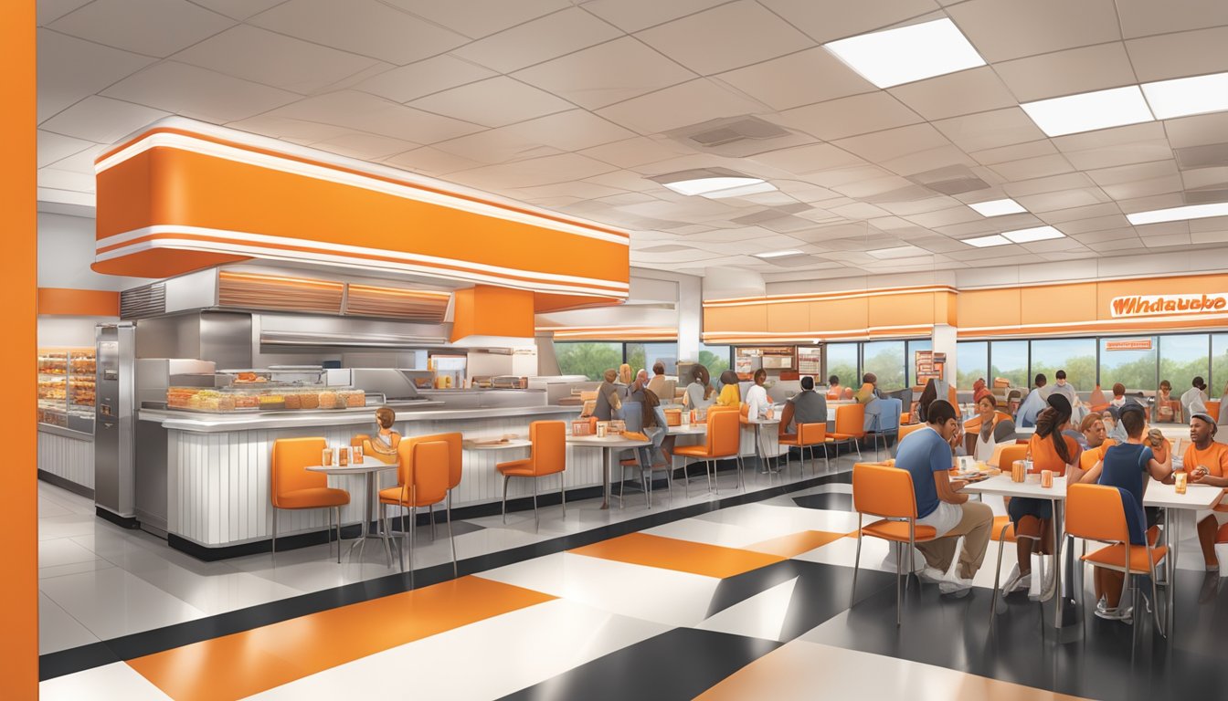 A bustling Whataburger restaurant with iconic orange and white stripes, a prominent nameplate, and a diverse mix of customers enjoying their meals