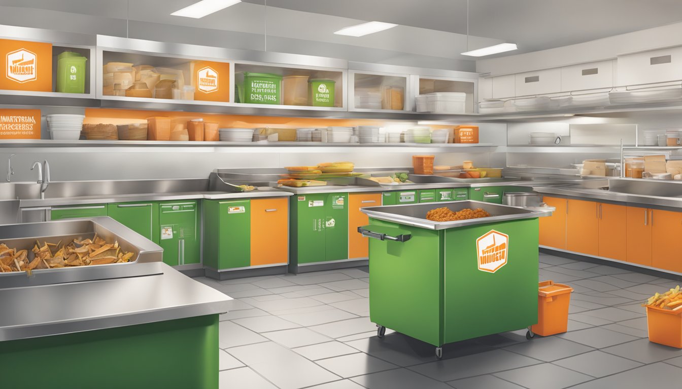 Whataburger's waste reduction: a bustling kitchen with efficient recycling bins and minimal food waste