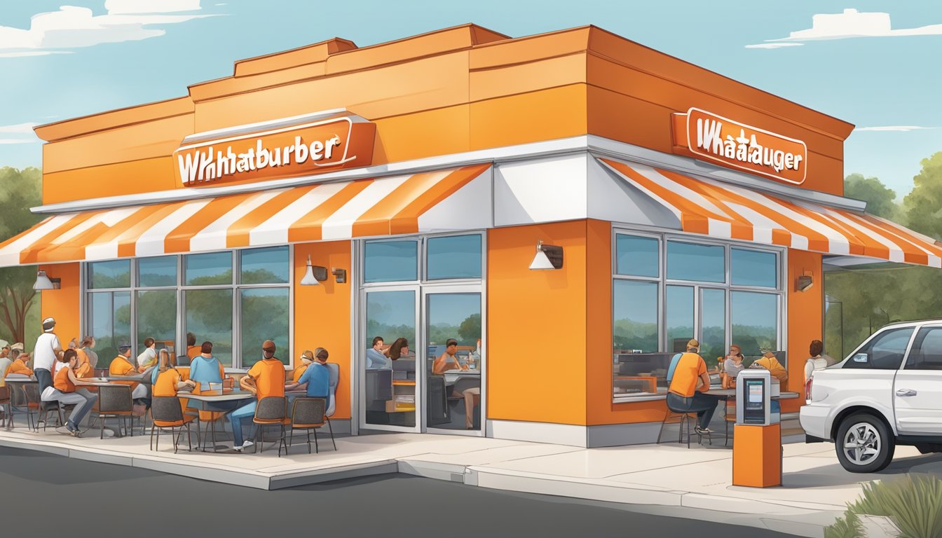 A bustling Whataburger restaurant with a distinctive orange and white striped roof, surrounded by a drive-thru and filled with happy customers enjoying their meals