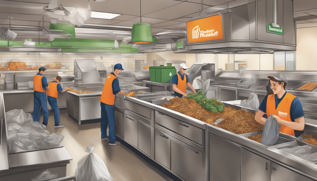 Whataburger's waste reduction: employees sorting recyclables, compost bins, and efficient waste management systems in a busy restaurant setting