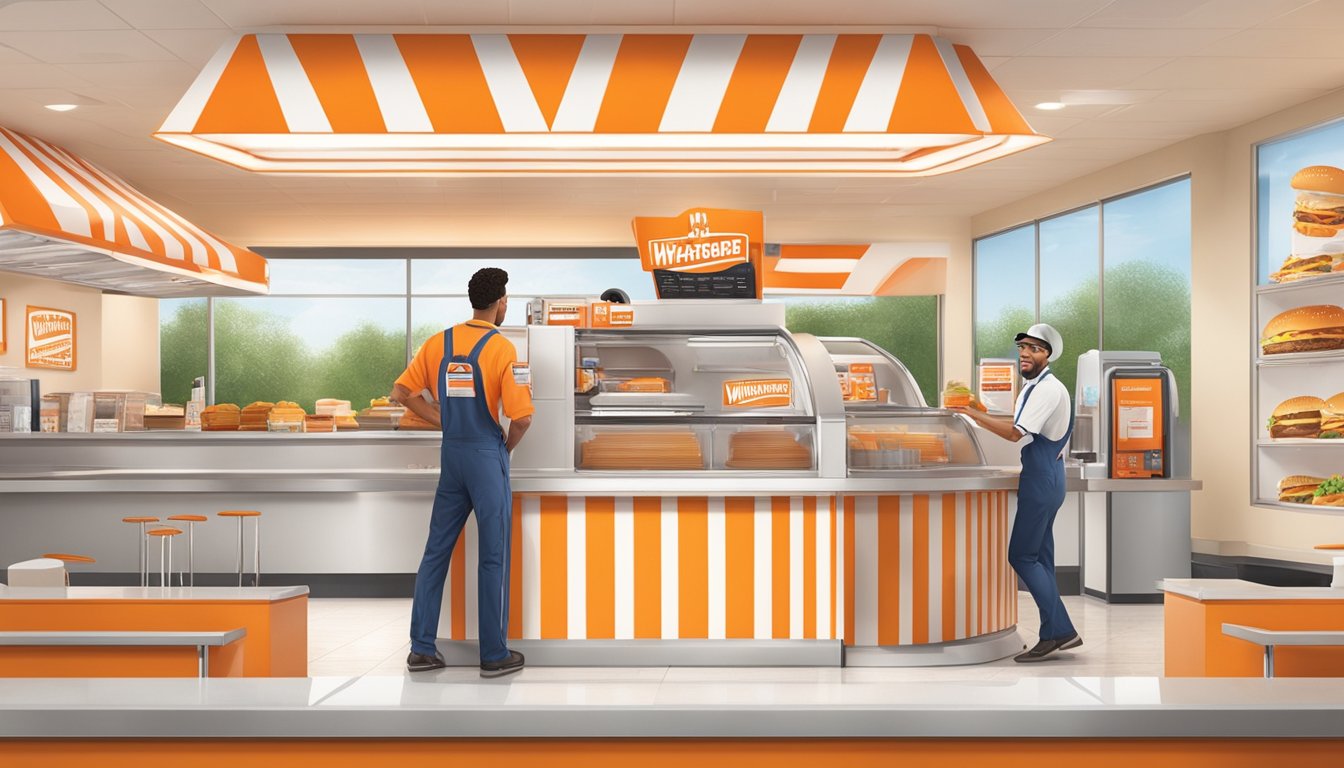 A smiling customer receives a customized Whataburger order with exceptional service. The iconic orange and white stripes stand out in the background