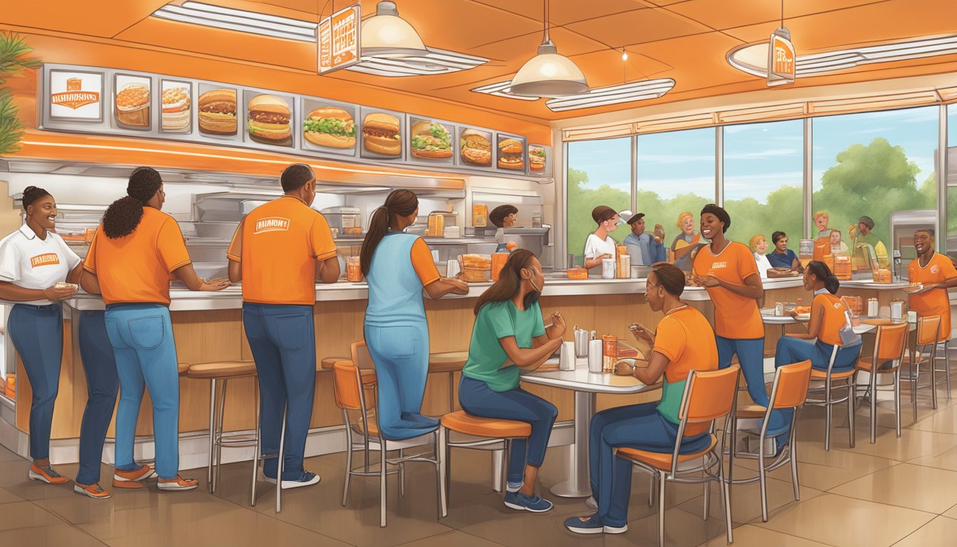 A bustling Whataburger restaurant with a prominent nameplate, surrounded by happy customers enjoying their meals and engaging with the friendly staff