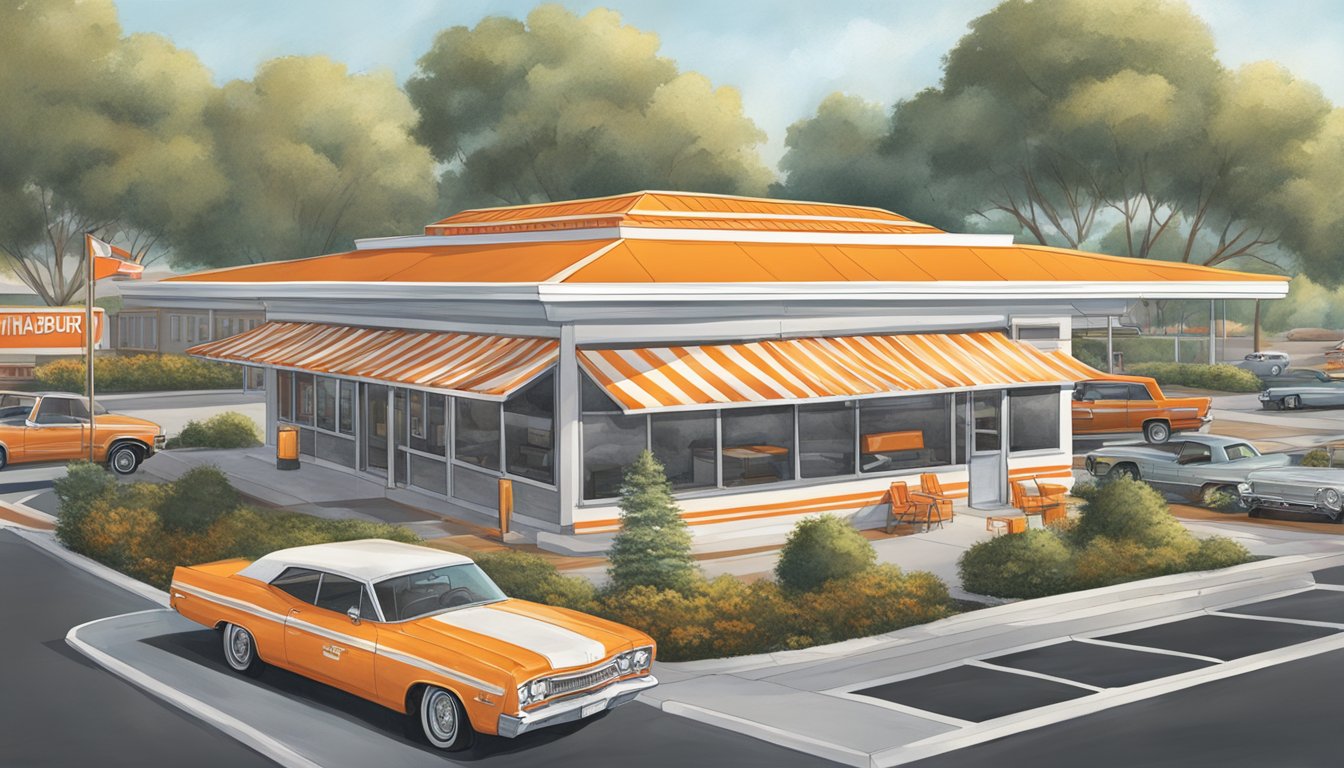 A classic Whataburger restaurant with an iconic orange and white striped roof, surrounded by a bustling parking lot and drive-thru