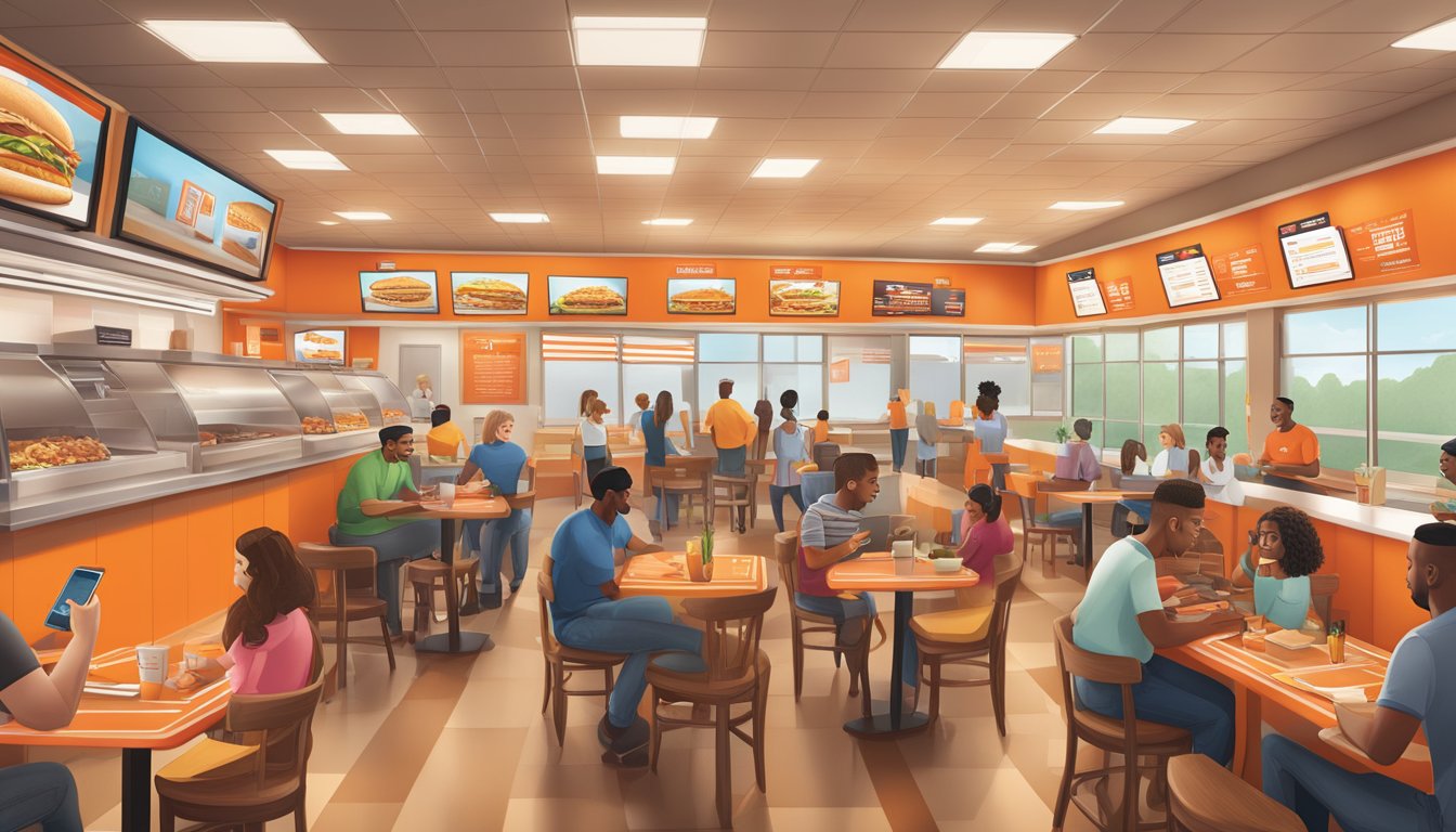 A bustling Whataburger restaurant with customers providing feedback through social media. Menu items are displayed on digital screens