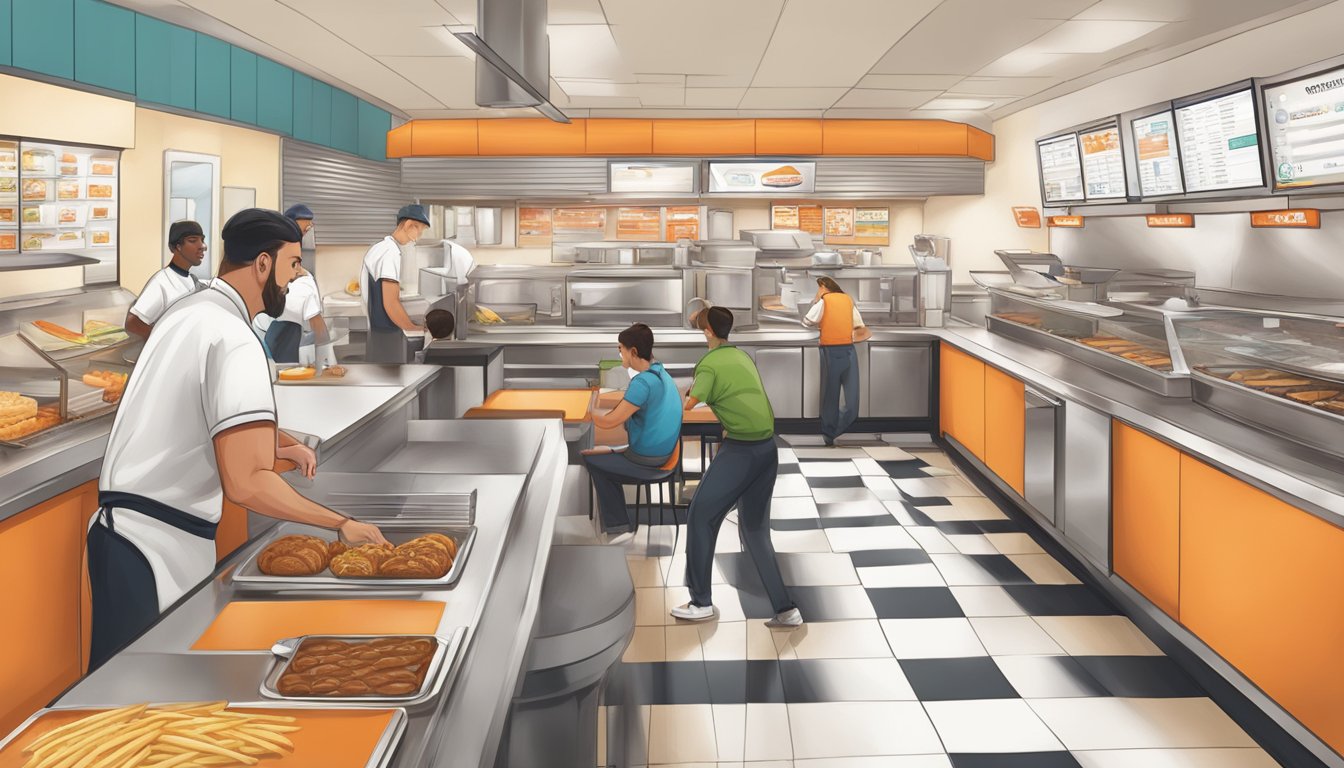 A bustling Whataburger restaurant with a line of customers, a busy kitchen, and a feedback box. A chef is creating new menu items while managers review customer comments