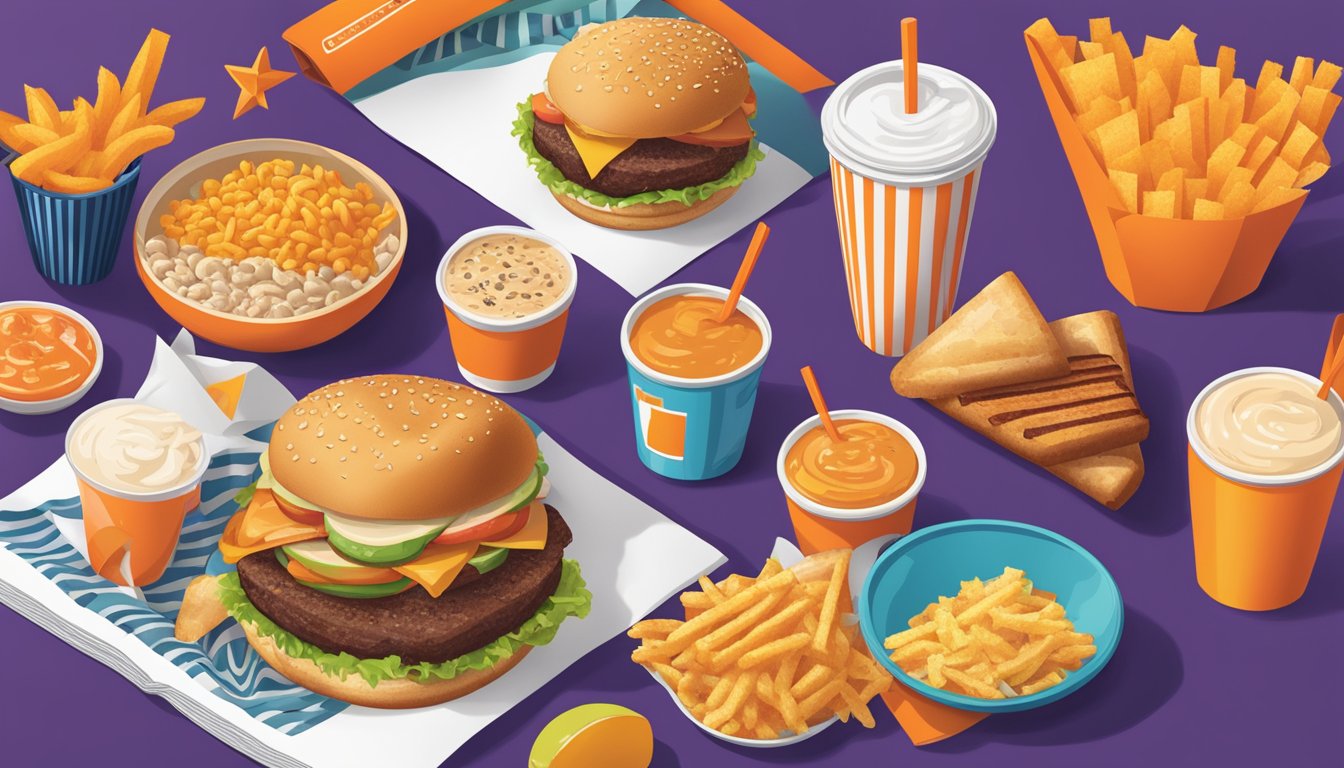 A colorful Whataburger menu with the podcast title displayed prominently, surrounded by various food items and drink options