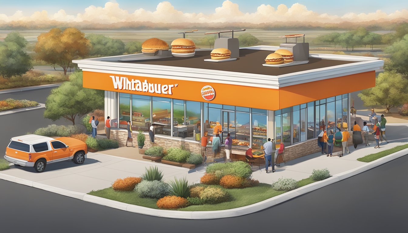 A bustling Whataburger restaurant surrounded by a diverse Texas landscape, with a focus on community engagement and access to fresh, affordable food