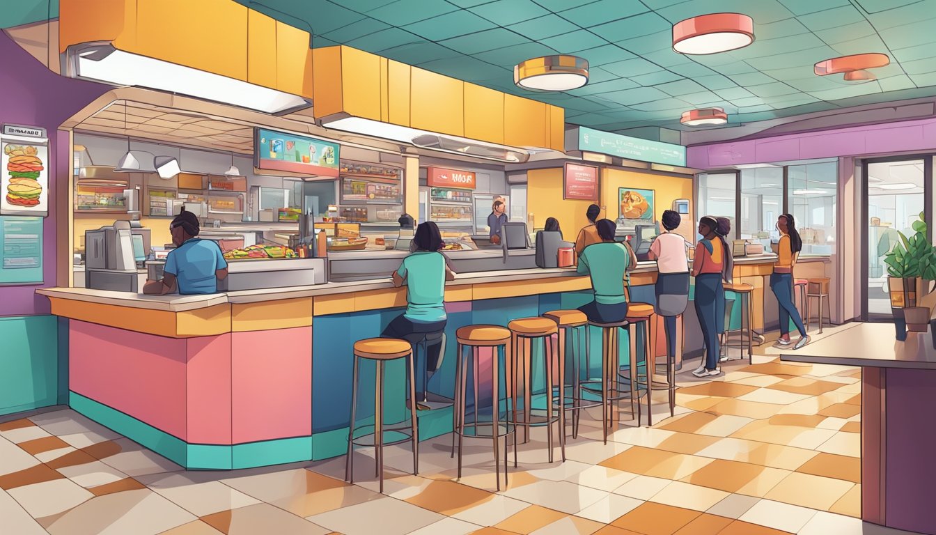 A colorful, bustling fast food restaurant with a podcast booth in the corner, where employees and customers gather to share stories and insights