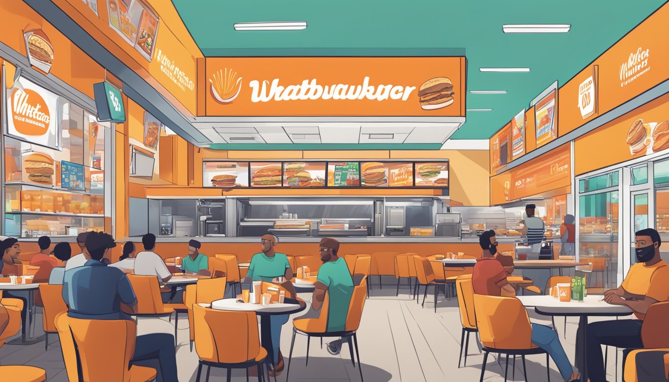 A bustling fast-food restaurant with colorful signage and a podcast logo displayed on a screen, capturing the lively atmosphere of the Whataburger Podcast