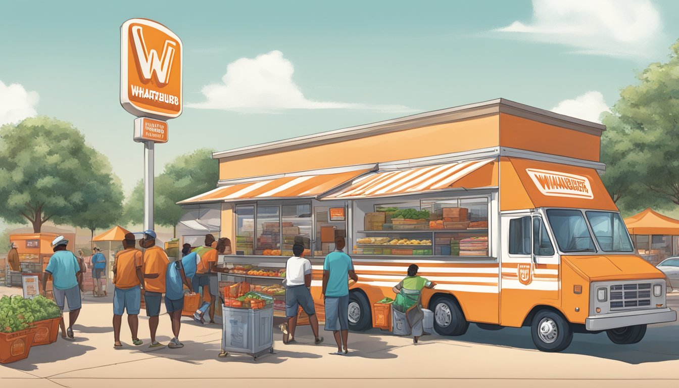 A bustling Whataburger location in a Texas food desert, with a mobile food truck parked nearby distributing fresh produce and groceries to local residents