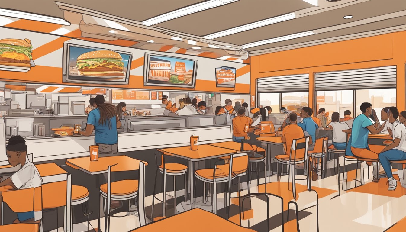 A bustling Whataburger restaurant with iconic orange and white stripes, customers enjoying their meals, and a podcast recording setup in the corner