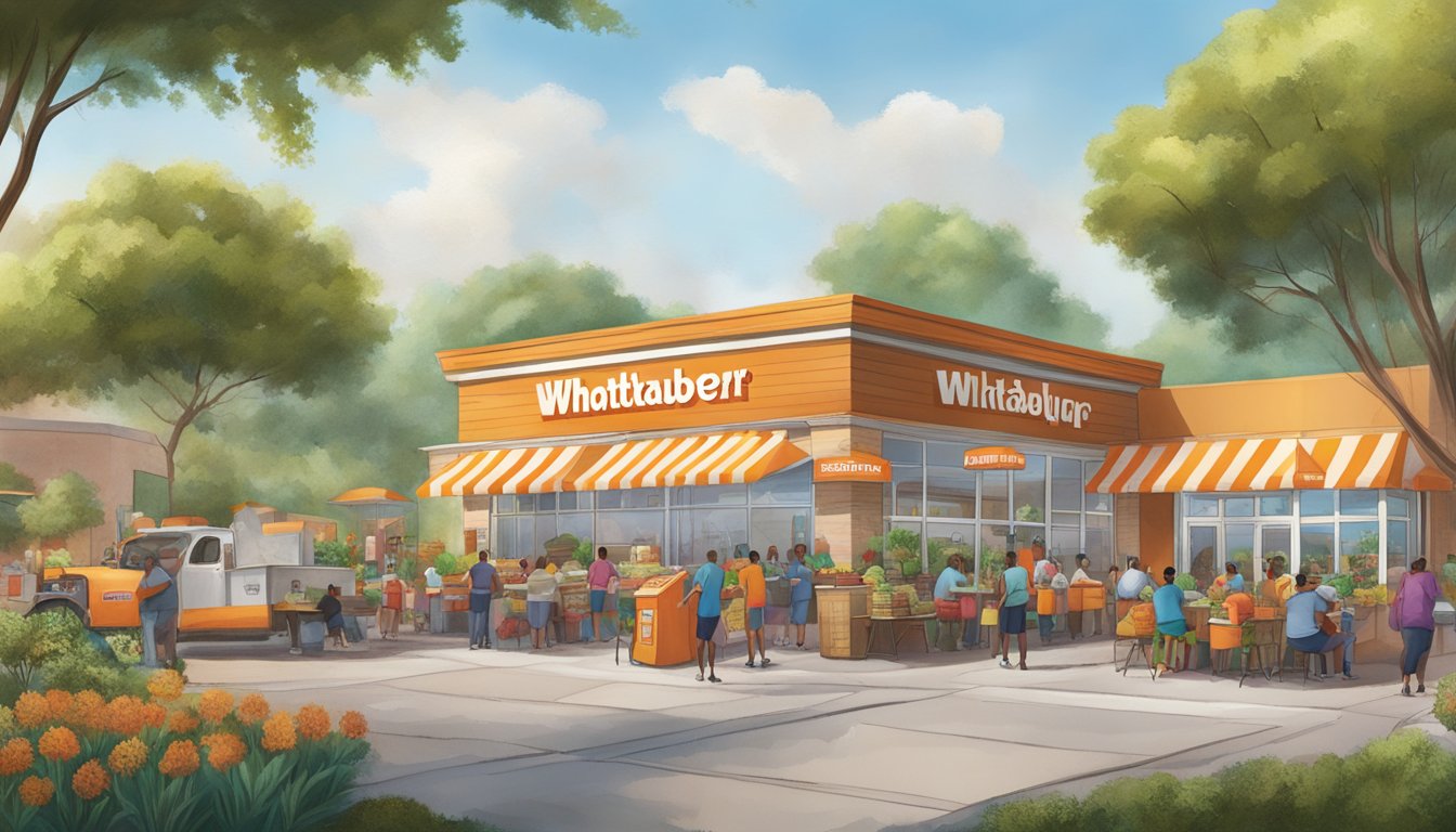 A bustling Whataburger store surrounded by a diverse community, with a vibrant garden and food distribution program in the background, symbolizing their efforts to combat food deserts in Texas