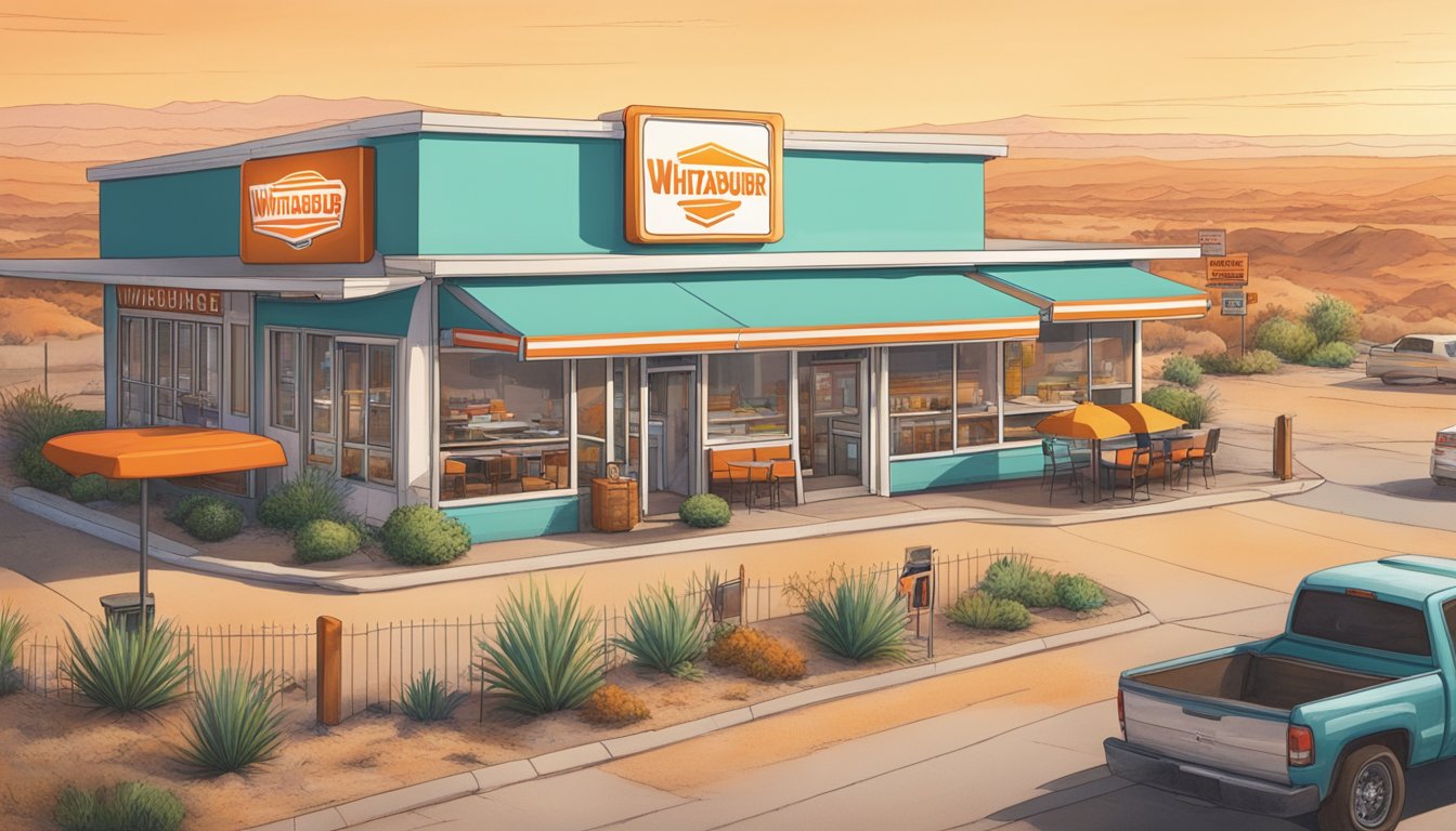 A Whataburger restaurant stands as an oasis in a barren landscape, surrounded by a vibrant community. People gather around, enjoying the food and camaraderie