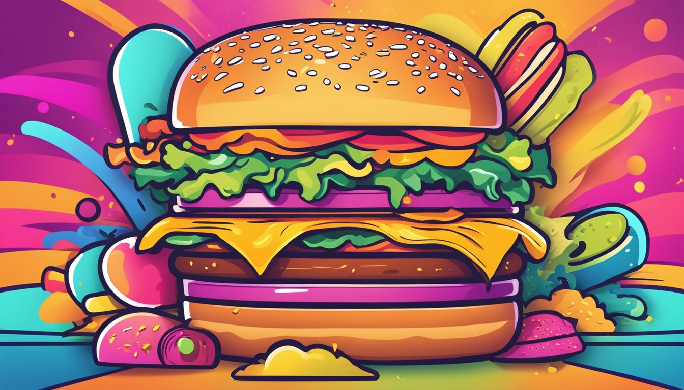 A colorful fast food-themed podcast logo with a microphone and burger elements, surrounded by dynamic sound waves and vibrant colors