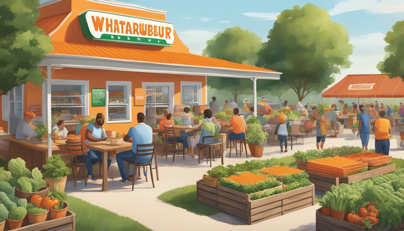 A bustling Whataburger restaurant surrounded by a vibrant community garden and farmers' market, with families and individuals enjoying fresh produce and locally-sourced goods