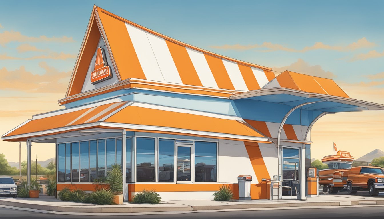 The iconic orange and white striped Whataburger A-frame stands tall against a blue Texas sky, surrounded by a bustling parking lot and a line of hungry customers