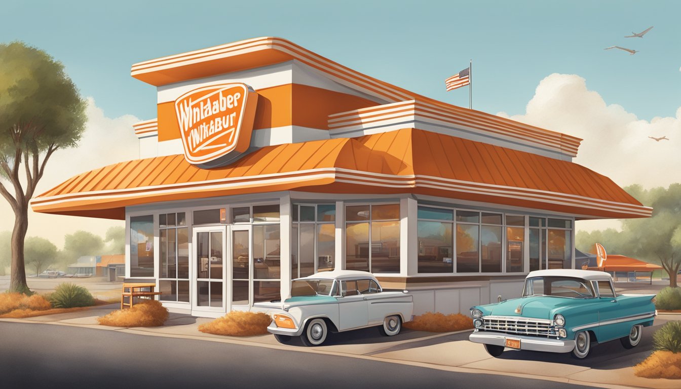 A bustling Whataburger restaurant with a retro design, surrounded by iconic Texas landscapes and featuring various preservation techniques