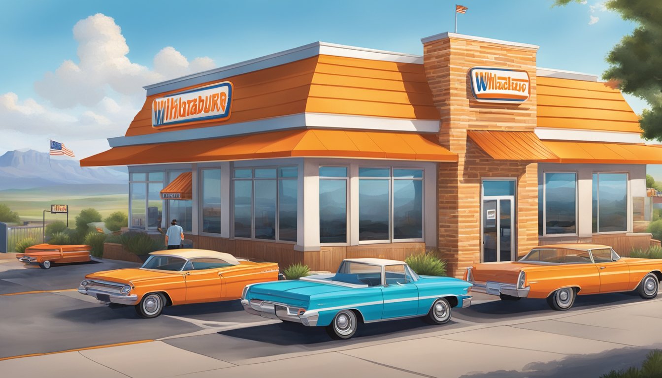 A bustling Whataburger restaurant with a colorful exterior, drive-thru, and outdoor seating, surrounded by the iconic Texas landscape