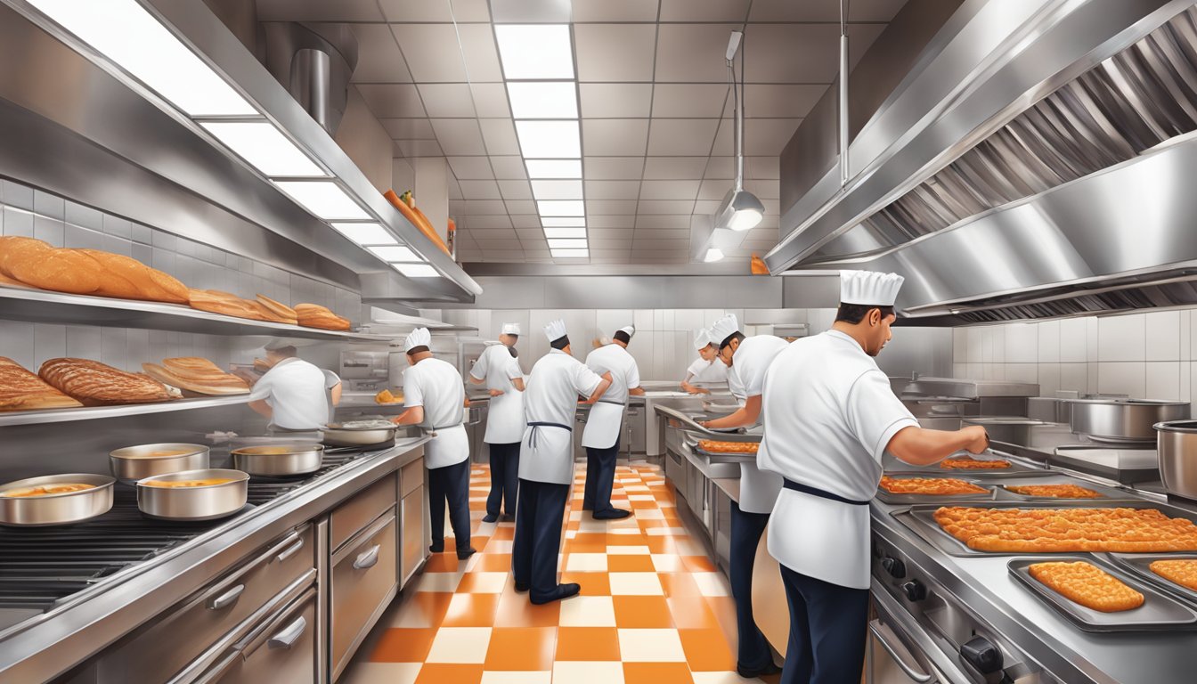 A bustling Whataburger kitchen with chefs creating new menu items using traditional Texas food preservation techniques