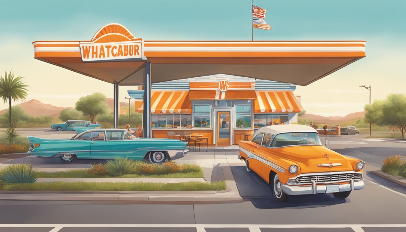 A bustling Whataburger restaurant with a drive-thru, outdoor seating, and a colorful, retro-inspired sign. Surrounding landscape features Texas landmarks and native flora