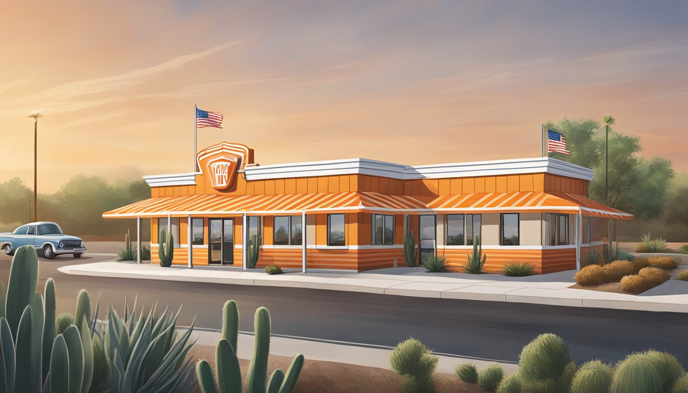 A Texas-themed Whataburger restaurant with iconic orange and white striped building, outdoor seating, and a drive-thru. Surrounding landscape includes cacti and a lone star flag