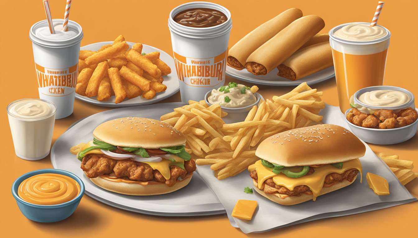 A table set with a variety of Whataburger secret menu items, including breakfast favorites like honey butter chicken biscuits and taquitos