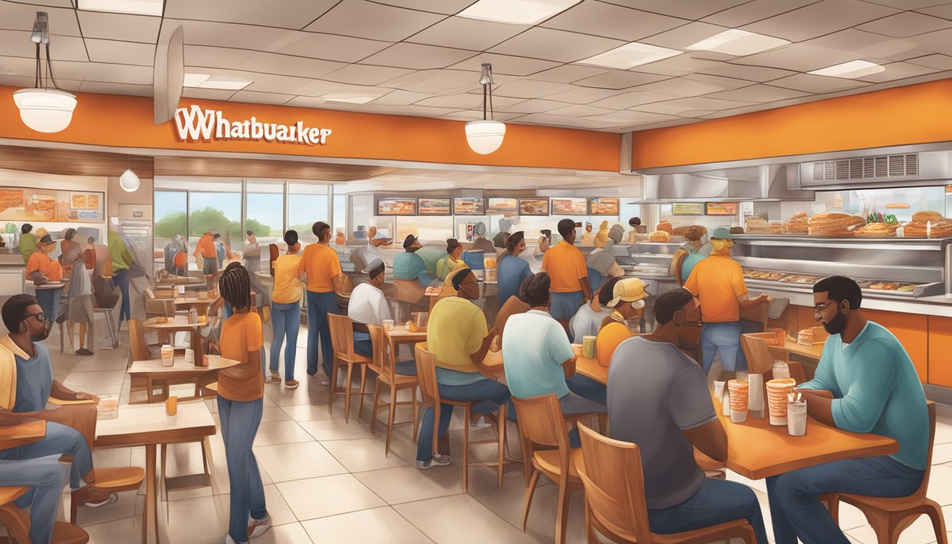 A bustling Whataburger restaurant surrounded by people enjoying Texas-style food, with a focus on preservation techniques and community engagement