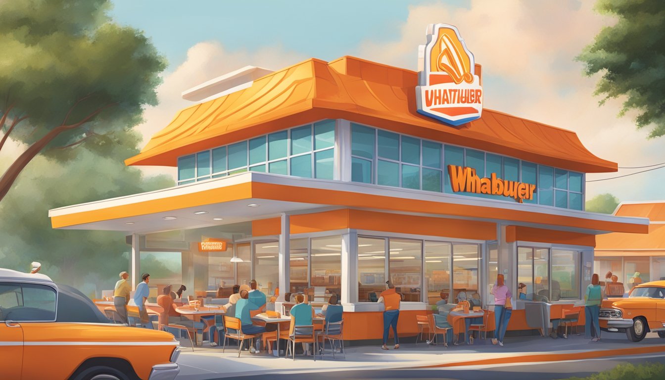 A bustling Whataburger restaurant in Texas, with a colorful outdoor sign, drive-thru lane, and customers enjoying their meals at outdoor tables