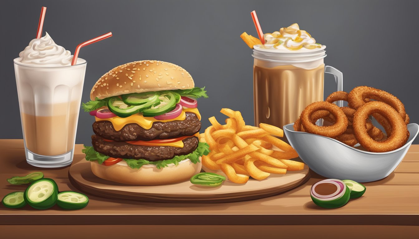 A sizzling grill with juicy burgers, spicy jalapeños, and gooey melted cheese. A side of crispy onion rings and a frosty milkshake complete the Texan feast