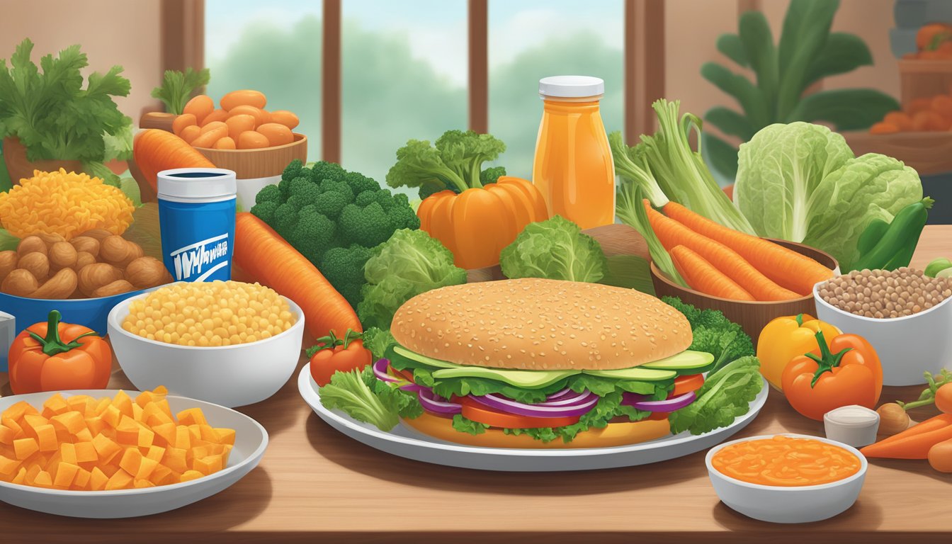 A colorful array of fresh vegetables and wholesome ingredients arranged on a table, with a Whataburger logo subtly hidden among the items