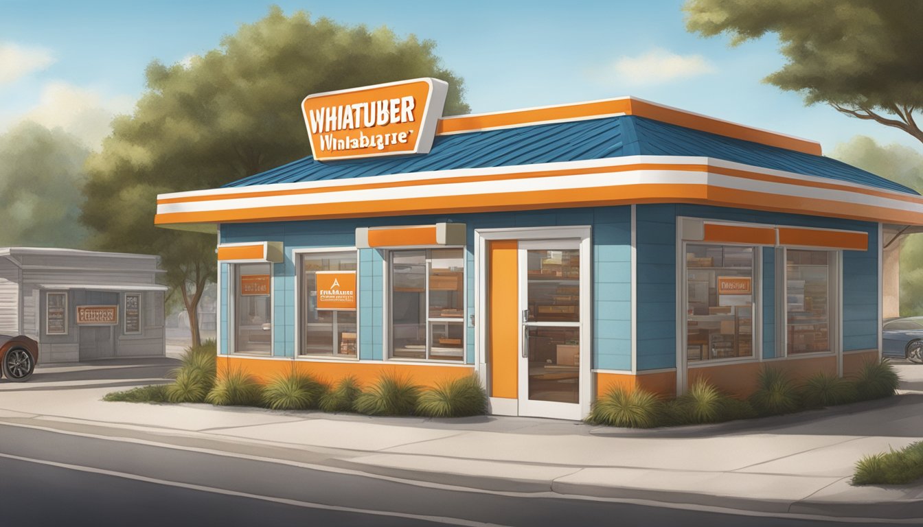 A Whataburger restaurant standing tall among smaller, local competitors, showcasing its influence on Texas food preservation techniques through modern equipment and efficient processes