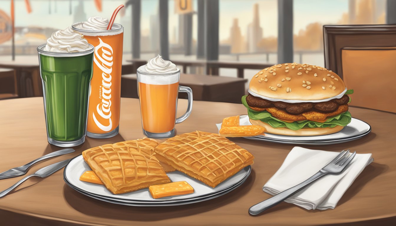 A table set with Whataburger secret menu items: Dr Pepper shake, apple pie, and jalapeño cheddar biscuit