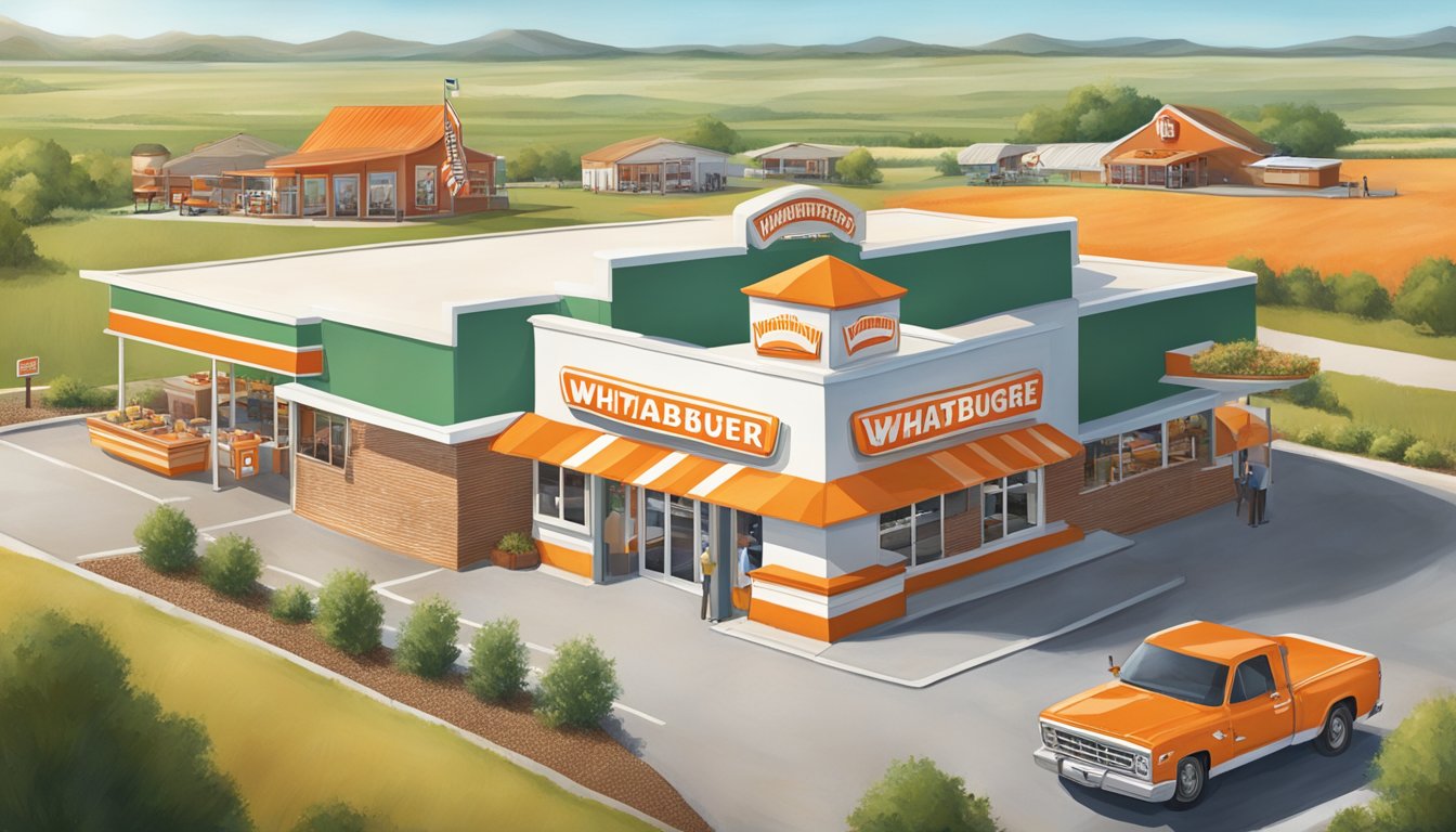 A bustling Whataburger restaurant with iconic orange and white striped exterior, surrounded by Texan farmland and ranches