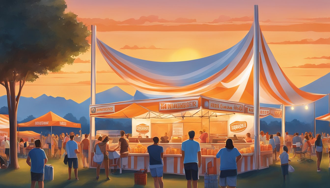 The sun sets behind a stage at a Texas music festival, where Whataburger's iconic orange and white tent stands out among the food vendors, serving up quality offerings to hungry festival-goers