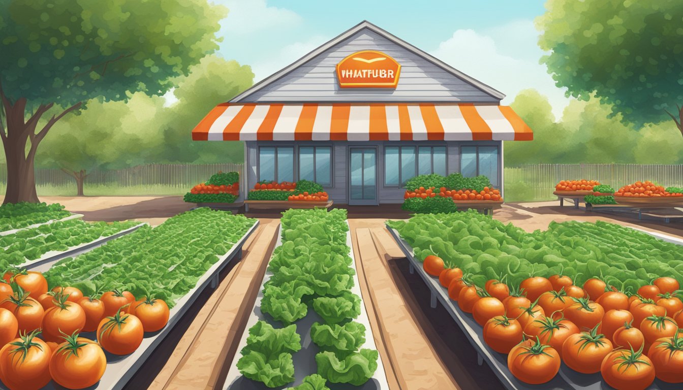 A backyard garden with rows of ripe tomatoes, fresh lettuce, and onions growing, with a Whataburger sign in the background