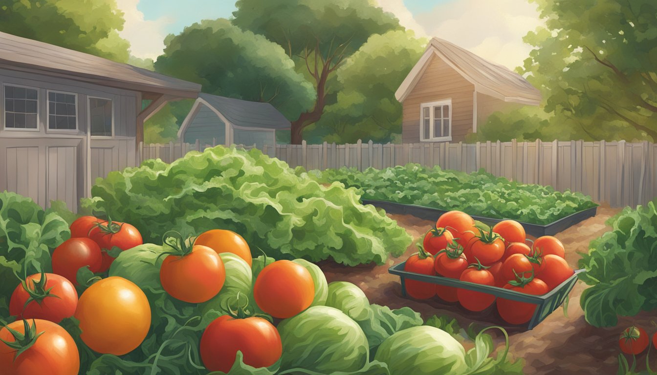 A backyard garden filled with ripe tomatoes, crisp lettuce, and vibrant onions, all ready to be picked and used as fresh toppings for a homemade Whataburger-inspired meal