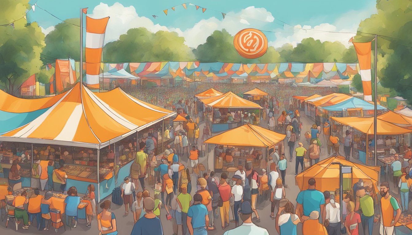 A bustling outdoor music festival with colorful food booths and a prominent Whataburger stand, surrounded by happy festival-goers enjoying the live music