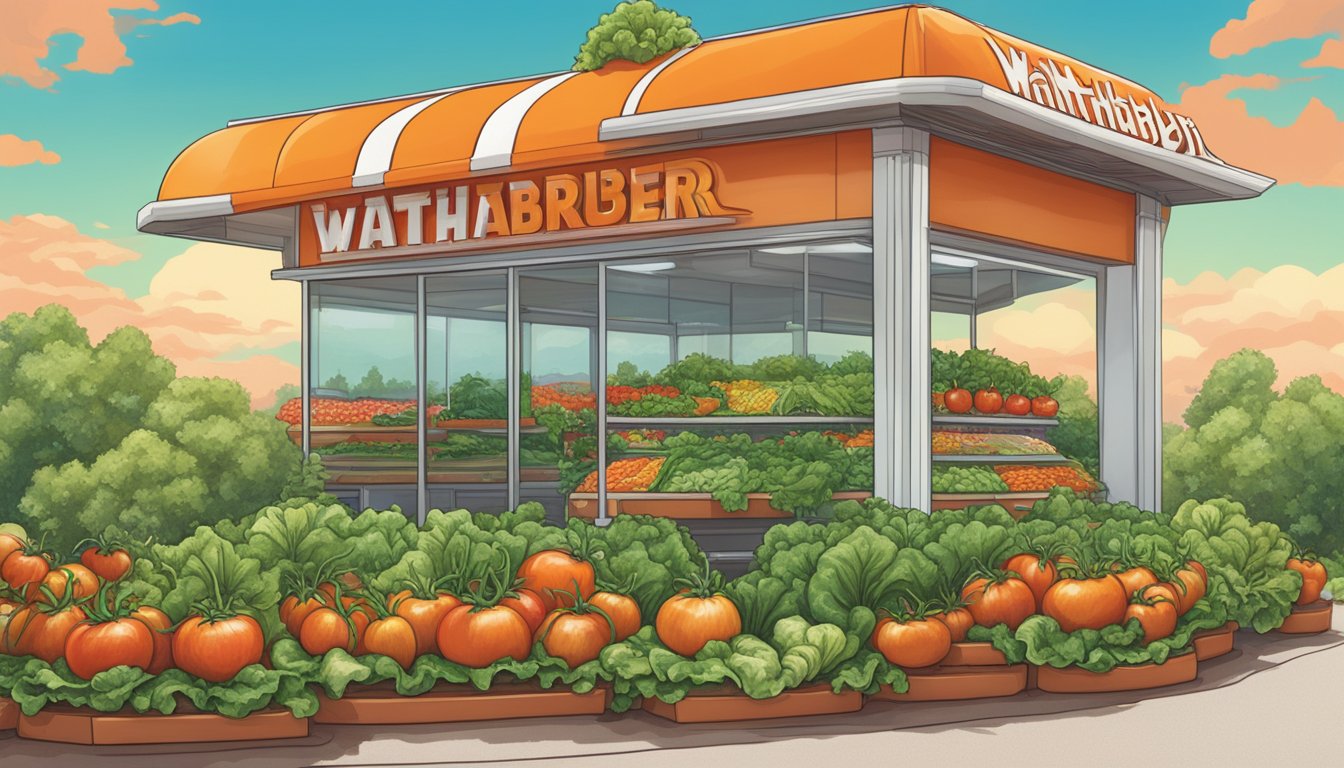 A garden with ripe tomatoes, crisp lettuce, and fresh onions growing alongside a towering Whataburger sign, evoking the fast-food chain's iconic toppings