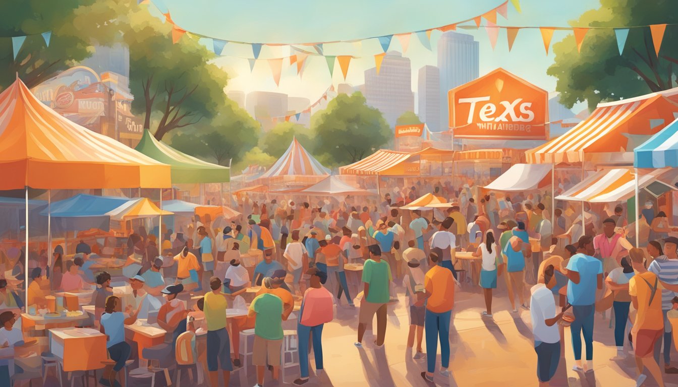 A bustling outdoor music festival with colorful food stands and lively crowds, with a prominent Whataburger booth offering Texas-inspired cuisine